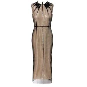 Erdem Champagne Black Embellished Organza Sequin Pencil Midi Dress Size 8